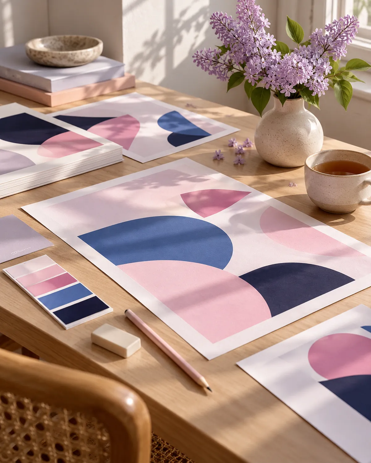 Una mesa de estudio en pleno proyecto, con diseños impresos y muestras de color.